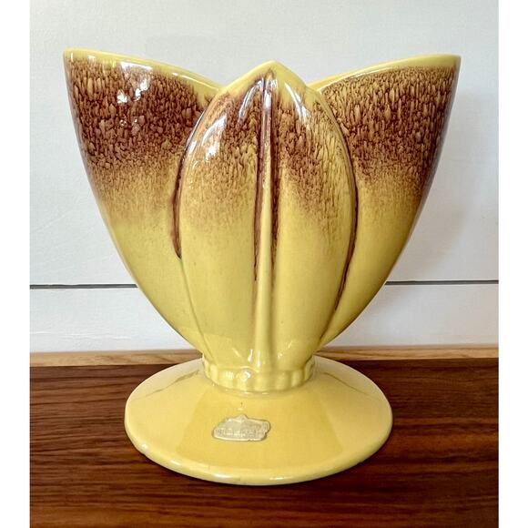 Royal Haeger Glazed Ceramic Yellow Brown Tulip Vase Ceramic Blended Beaded Base - Picture 11 of 13